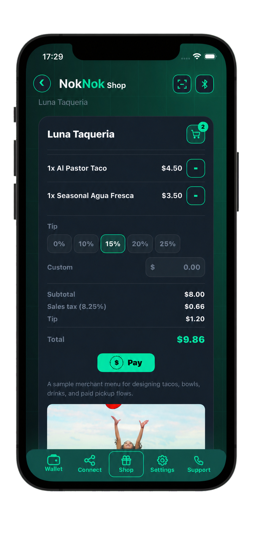 NokNok Wallet cart showing menu items, tip, sales tax, total, and payment